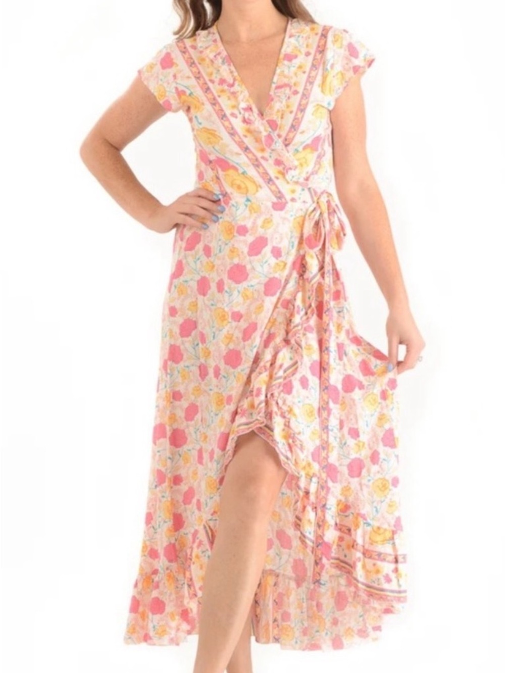 Floral Wrap Maxi Dress in Pink and Yellow for Women